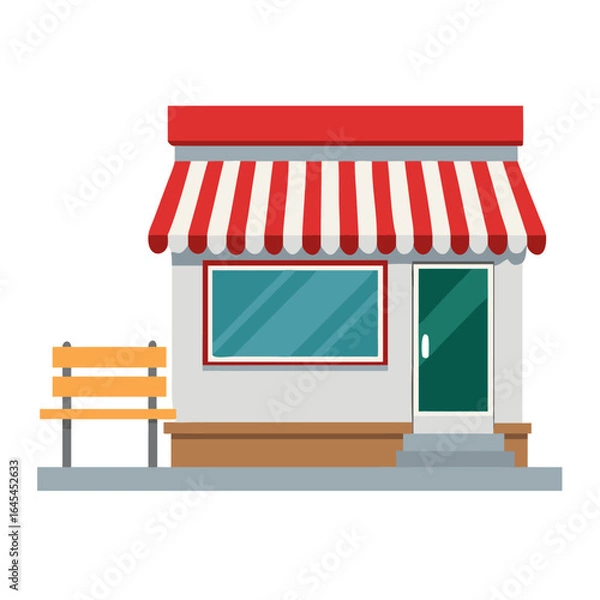 Fototapeta Illustration Of A Small Storefront With A Red And White Striped Awning Large Window & Outdoor Bench