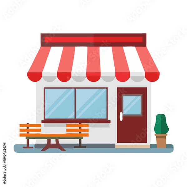 Fototapeta Illustration Of A Small Storefront With A Red And White Striped Awning Large Window & Outdoor Bench