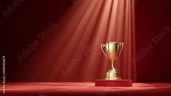 Fototapeta Golden trophy on a pedestal illuminated by warm light in a red velvet setting during an awards ceremony Generative AI