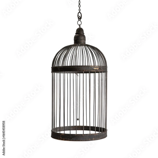 Fototapeta Empty Antique Birdcage Hanging Dark Background, isolated on a transparent background