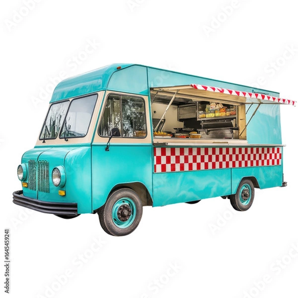 Fototapeta Retro teal food truck serving delicious meals open kitchen window red and white checkered design, isolated on a transparent background