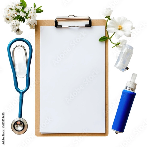 Fototapeta Blank clipboard stethoscope flowers medical supplies healthcare concept, isolated on a transparent background
