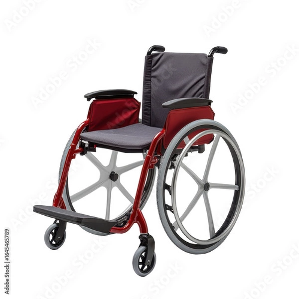 Fototapeta Red and gray wheelchair medical equipment mobility device disability assistance, isolated on a transparent background