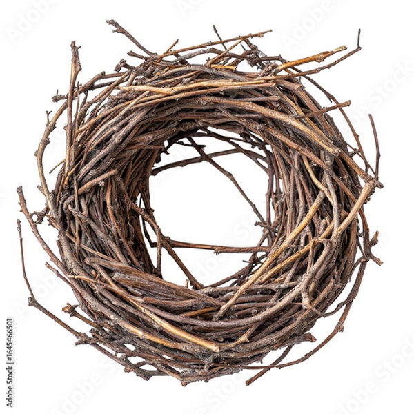 Fototapeta Empty bird nest twigs circle brown nature, isolated on a transparent background