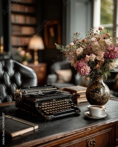 Fototapeta A vintage typewriter sits on a wooden desk next to a vase of flowers and a cup of coffee, with a leather chair and bookshelves in the background, evoking a sense of classic study