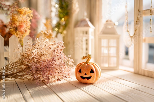 Obraz ハロウィン装飾とドライフラワーのナチュラル静物写真.Generative AI