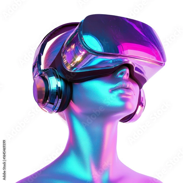 Fototapeta Woman in VR headset and headphones futuristic tech neon colors, isolated on a transparent background