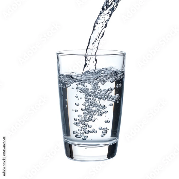 Fototapeta Water pouring into a glass bubbles rising refreshment, isolated on a transparent background
