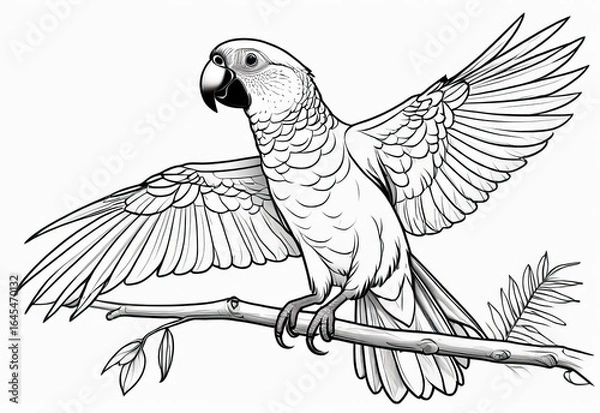 Fototapeta black-and-white illustration of a parrot perched on a branch, coloring page