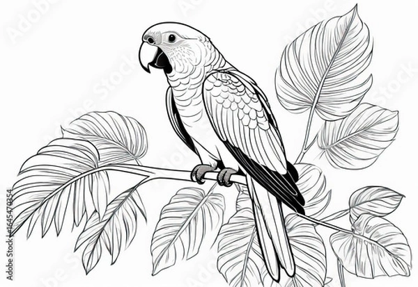 Fototapeta black-and-white illustration of a parrot perched on a branch, coloring page