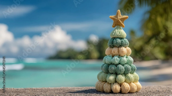 Fototapeta Christmas tree made of ice cream scoops by the beach in Australia during warm December festivities