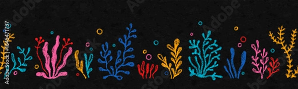 Fototapeta Sea coral and plants drawn with crayon pencils. Seamless horizontal pattern with underwater marine reef elements. Color crayon doodle icons of ocean seaweed, vector illustration on grunge background