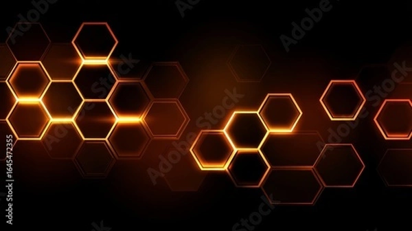 Obraz Glowing orange hexagon pattern on dark background for tech-themed visuals.