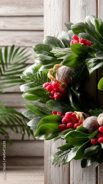 Fototapeta Elegant Christmas wreath crafted from banana leaves, adorned with red berries and placed against wooden background