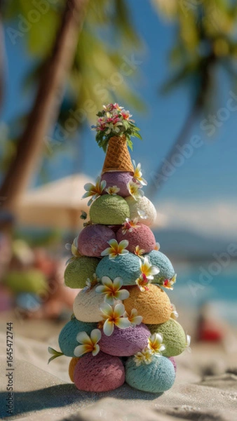 Fototapeta Colorful ice cream tree decorated with flowers on a sunny beach in December