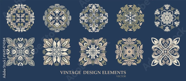 Fototapeta Vector. Collection of vintage ornaments with exquisite baroque pattern, made in creamy beige and blue tones. Suitable for decoration, tattoo, logos, prints, packaging and templates.