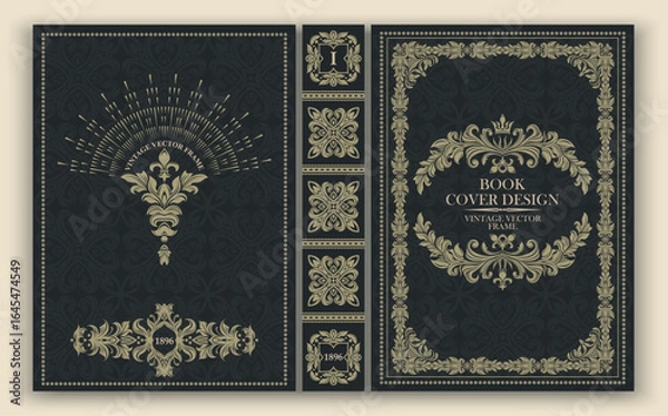 Fototapeta Vector. Elegant vintage cover with a baroque gold pattern and an oval frame on a dark background. Ideal for retro design, historical and art publications. Luxurious classic, emphasizing premium. 
