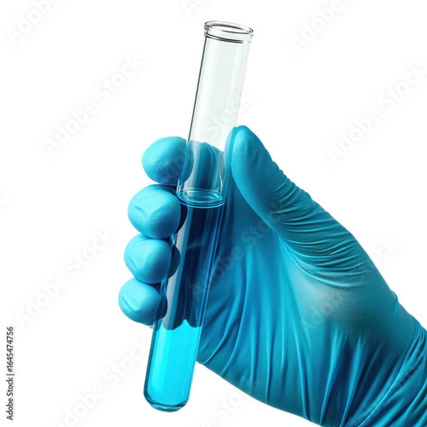 Fototapeta Gloved hand holding test tube with blue liquid science lab experiment, isolated on a transparent background