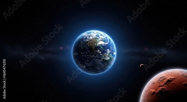 Fototapeta Earth and Mars in Space with Stars and Planetary Moons