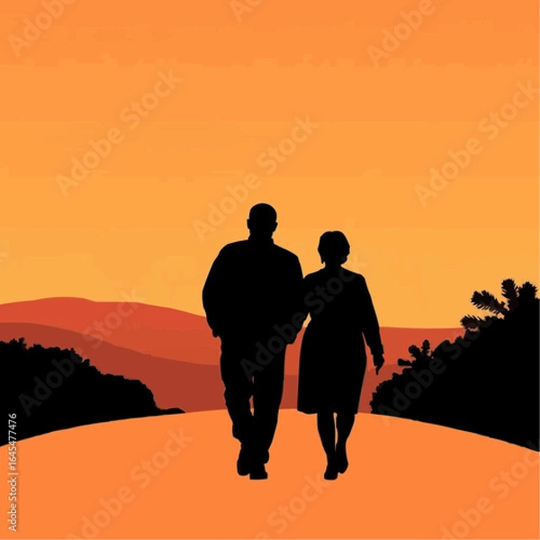 Obraz Senior couple walking hand in hand on a sunset road  
