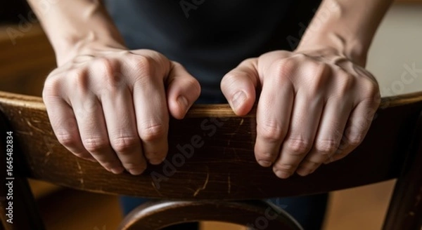 Fototapeta Person gripping the edge of a wooden chair with their hands