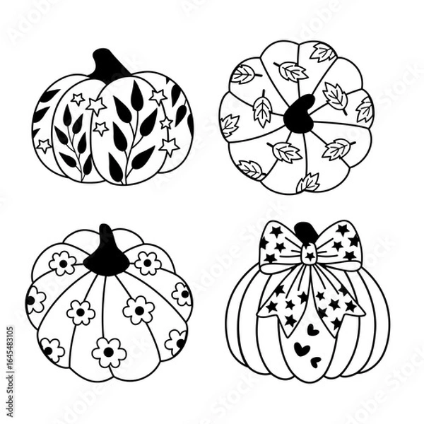 Fototapeta set of isolated outline cute retro groovy  pumpkins