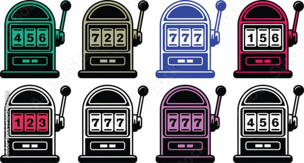Fototapeta Collection of vintage slot machines with different colors and winning combinations