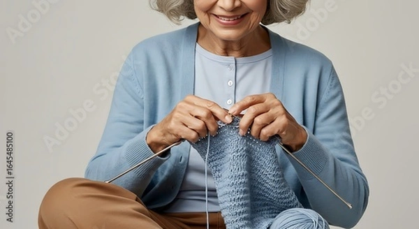 Obraz Senior Woman Knitting with Joyful Expression