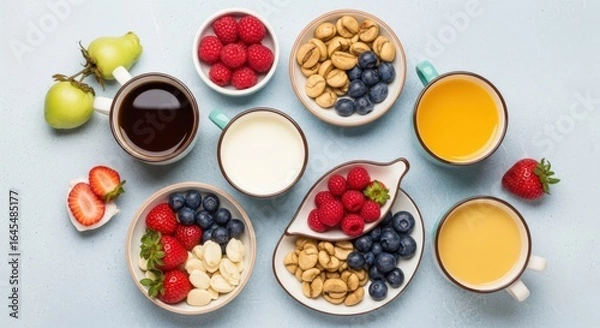 Fototapeta Healthy breakfast with berries, nuts, coffee and juice