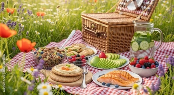 Fototapeta Delicious picnic spread with salmon, avocado, pancakes, and fruit in a meadow