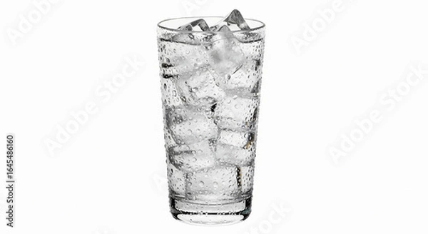 Fototapeta A clear glass filled with water and ice cubes sitting on a white surface in a studio setting