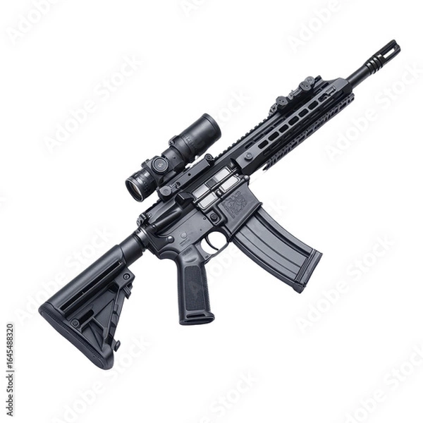 Fototapeta Black AR-15 Style Rifle with Scope Tactical Weaponry, isolated on a transparent background