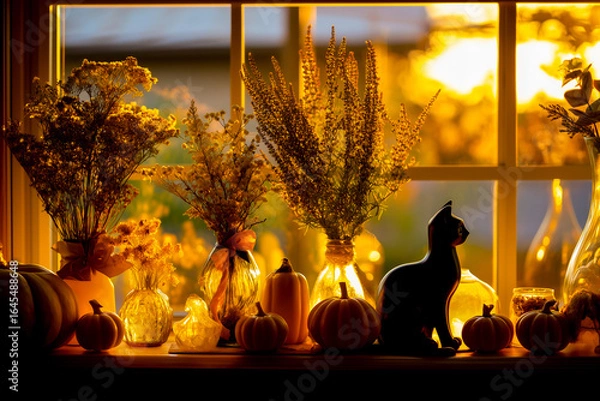 Obraz 窓辺に飾られたハロウィン雑貨と猫のオブジェのシルエット.Generative AI