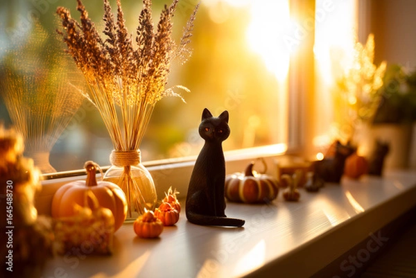 Obraz 窓辺に飾られたハロウィン雑貨と猫のオブジェのシルエット.Generative AI