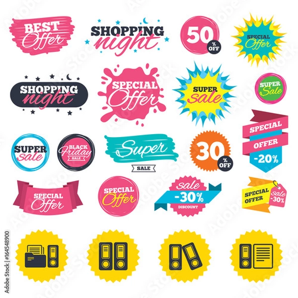 Fototapeta Sale shopping banners. Accounting icons. Document storage in folders sign symbols. Web badges, splash and stickers. Best offer. Vector