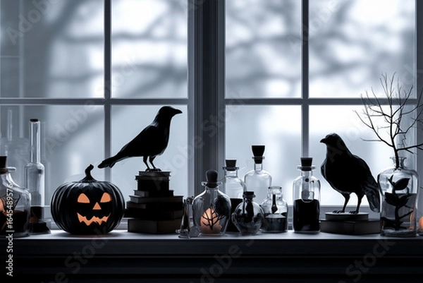 Obraz モノクロイメージ・窓辺のハロウィンシルエット.Generative AI