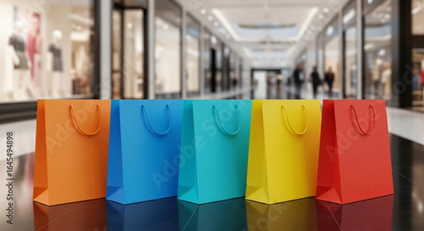 Fototapeta A row of colorful shopping bags in a mall with storefronts and people in the background blurred out
