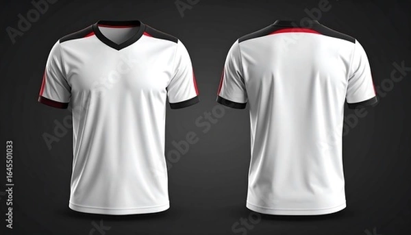 Fototapeta White T-shirt with Black and Red Trim on Dark Background Front and Back