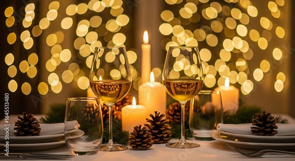 Fototapeta Festive table setting with wine glasses candles and pine cones creating a warm ambiance for dining