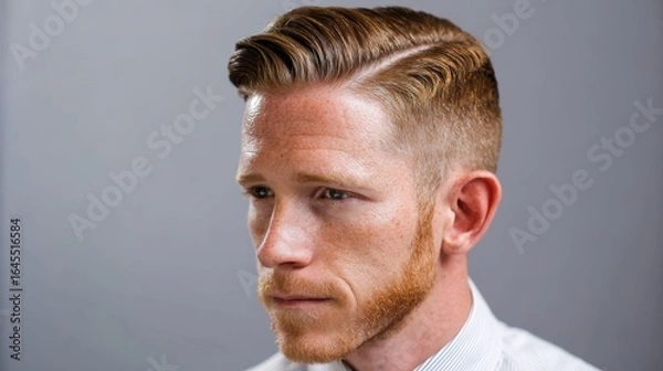 Fototapeta Profile portrait of a man with a slick side part haircut