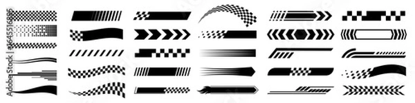 Fototapeta Racing stripes and checkered flags vector set.. checkered flag, finish line, motocross labels, dynamic lines, motorsport, racing stripe speed, sport decals, vehicle tuning stickers vector illustration