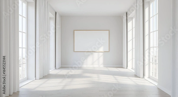 Fototapeta Empty modern hallway with white curtains and large windows. Blank picture frame on light beige wall casts shadows on light wood floor.