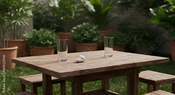Fototapeta Rustic wooden outdoor table with two empty glasses and a white charging case for wireless earbuds in a lush garden setting.