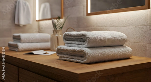 Fototapeta Folded white towels on a light brown wooden vanity in a modern bathroom. Soft lighting highlights the texture of the towels and the vanity.