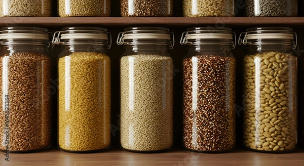 Fototapeta Variety of whole grains in glass jars on a wooden shelf. Stacked jars of different grains in a home pantry.