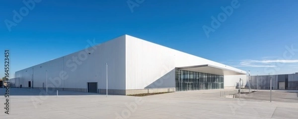 Fototapeta a modern white warehouse with a blue sky, a large courtyard in front of the building