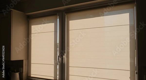 Fototapeta Beige window blinds in a modern kitchen with light-brown cabinets. Simple, neutral light filtering through blinds in a home setting.