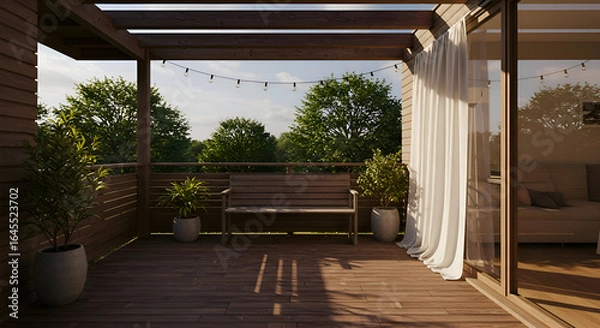 Fototapeta Wooden balcony with plants and a bench, relaxing outdoor scene with natural light. Empty balcony with comfortable seating, ideal for relaxing or enjoying the outdoors.