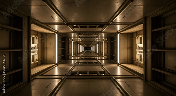 Fototapeta Architectural perspective of a multi-story building interior, with illumination highlighting structural details.