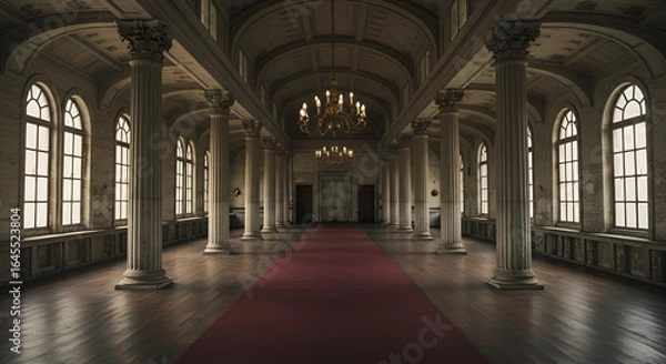 Fototapeta Empty grand hall with ornate columns and large arched windows. Majestic interior with aged grandeur, showcasing a red carpet and antique chandeliers.